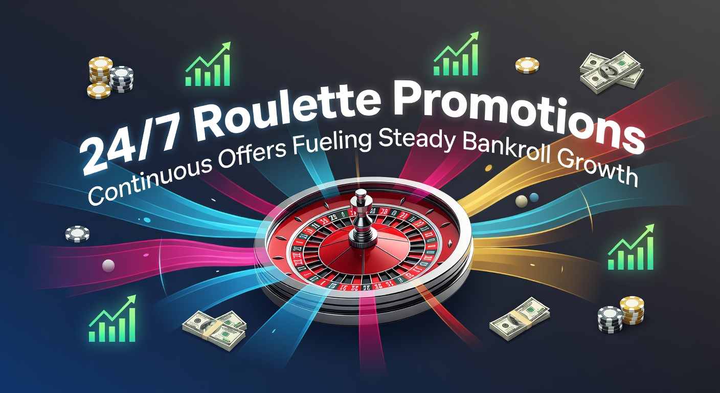 Vibrant roulette wheel spinning under casino lights, symbolizing non-stop promotions that keep players engaged around the clock