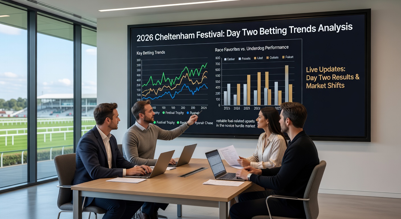 Close-up of a jockey urging his mount over the final fence in the Turners Novices’ Hurdle, turf flying amid intense competition