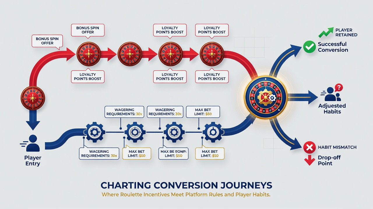 Illustration showing player interaction patterns with roulette wheels alongside bonus progress trackers and withdrawal timelines
