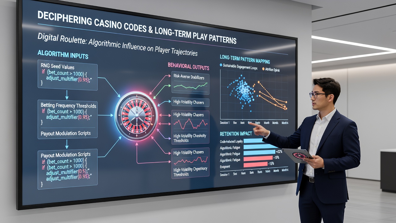 Analytics dashboard showing long-term roulette player retention curves linked to recurring promo code redemptions