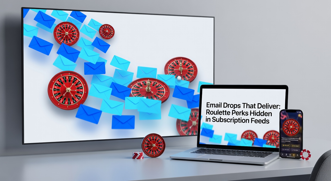 Screenshot-style graphic of an open email newsletter highlighting a roulette bonus code amid promotional content, with roulette wheel and chip icons