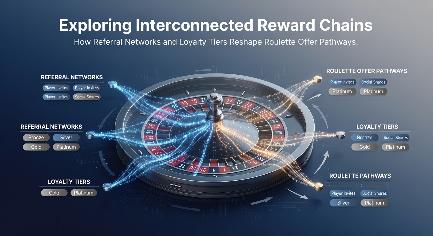 Illustration of interconnected roulette reward networks showing referral links and loyalty tier progressions