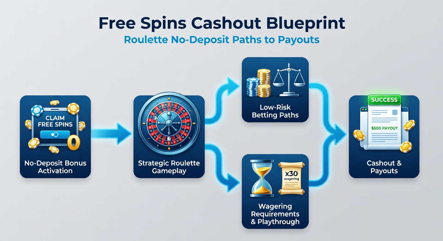 Graphic blueprint showing flowchart from free spins signup to cash withdrawal, with roulette elements and checkmarks along the path