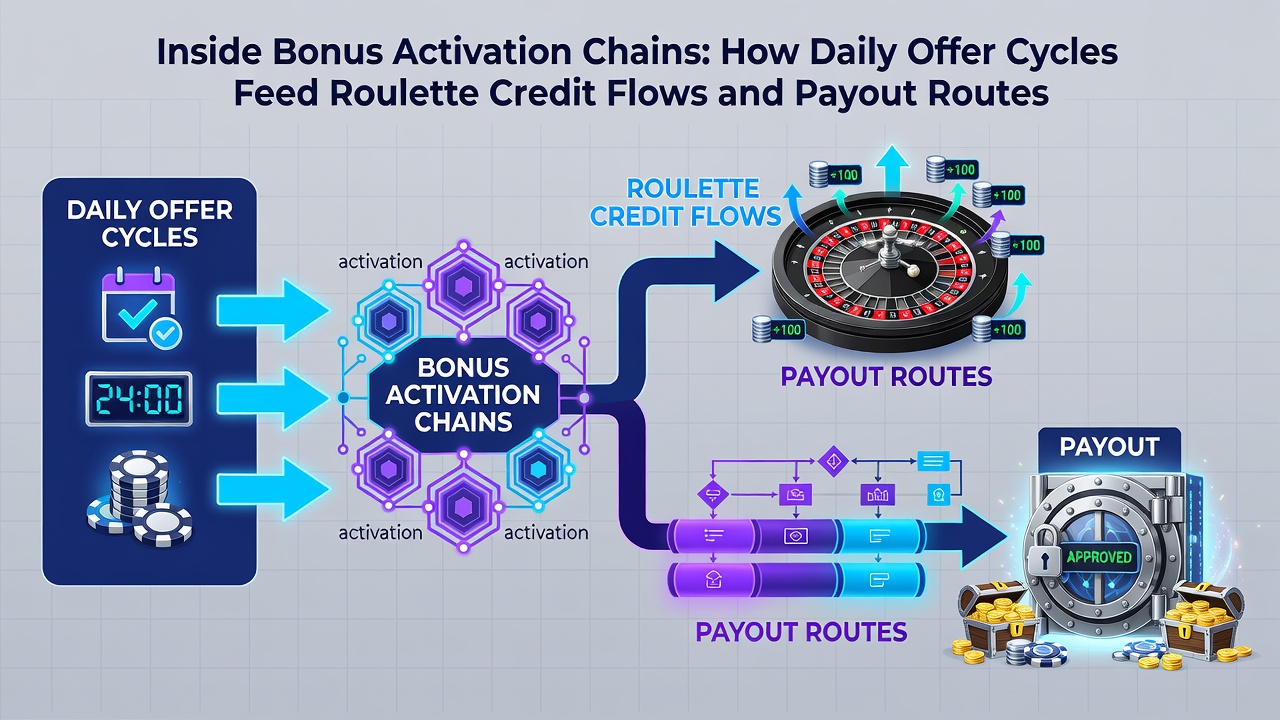 Flowchart illustrating credit movement from daily offers to roulette payouts