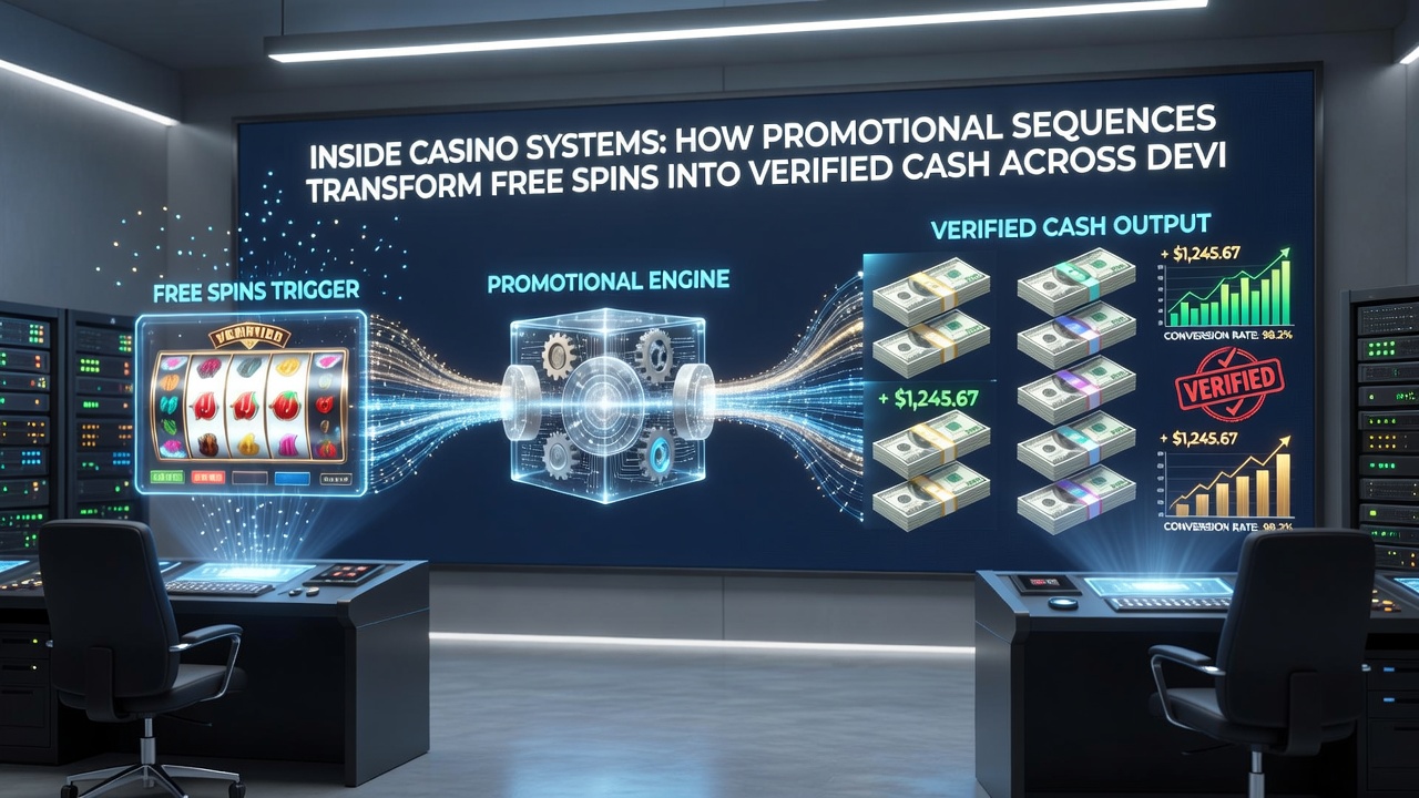 Flow diagram illustrating multi-device free spin tracking and cash verification steps in casino software