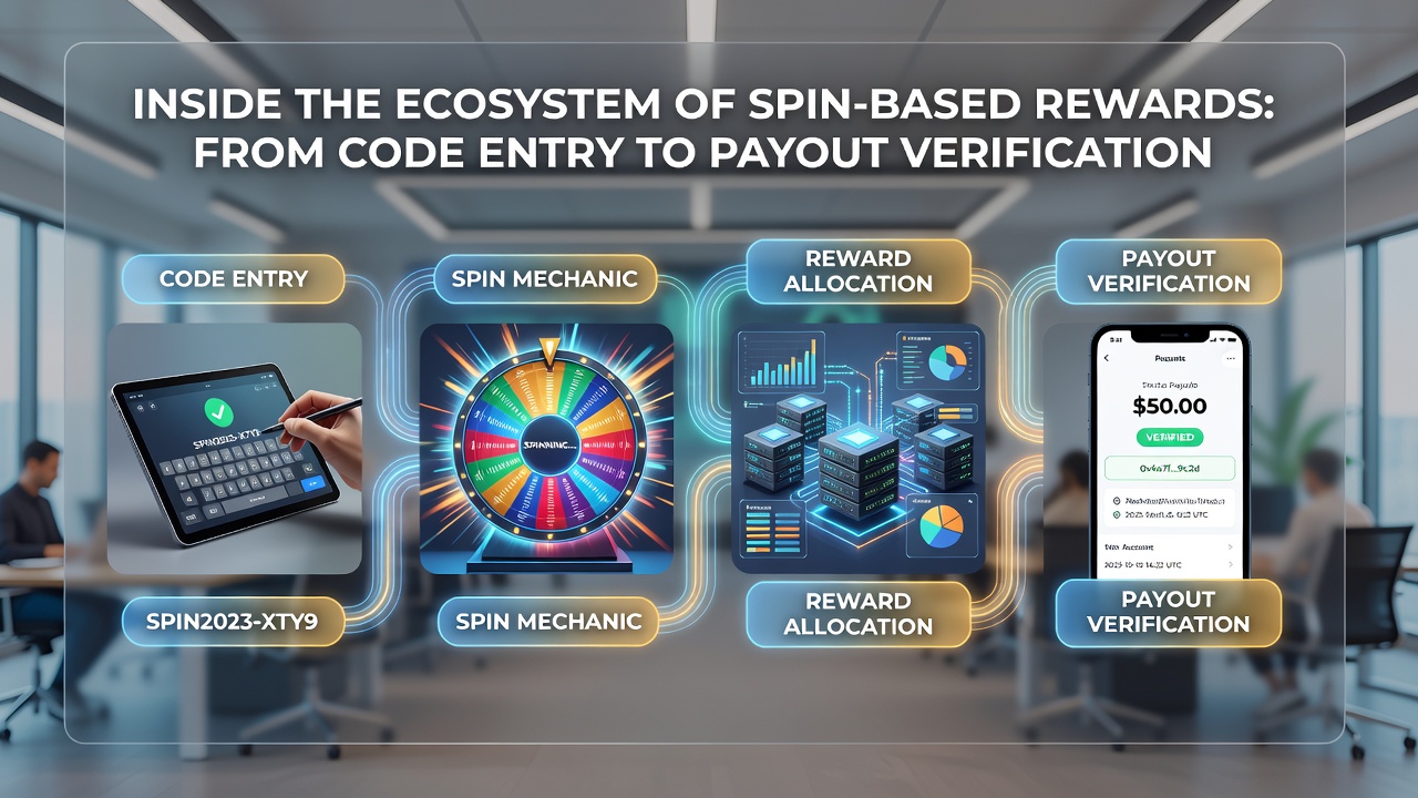 Flowchart illustrating backend verification steps, spin result logging, and conversion to verified balances before payout