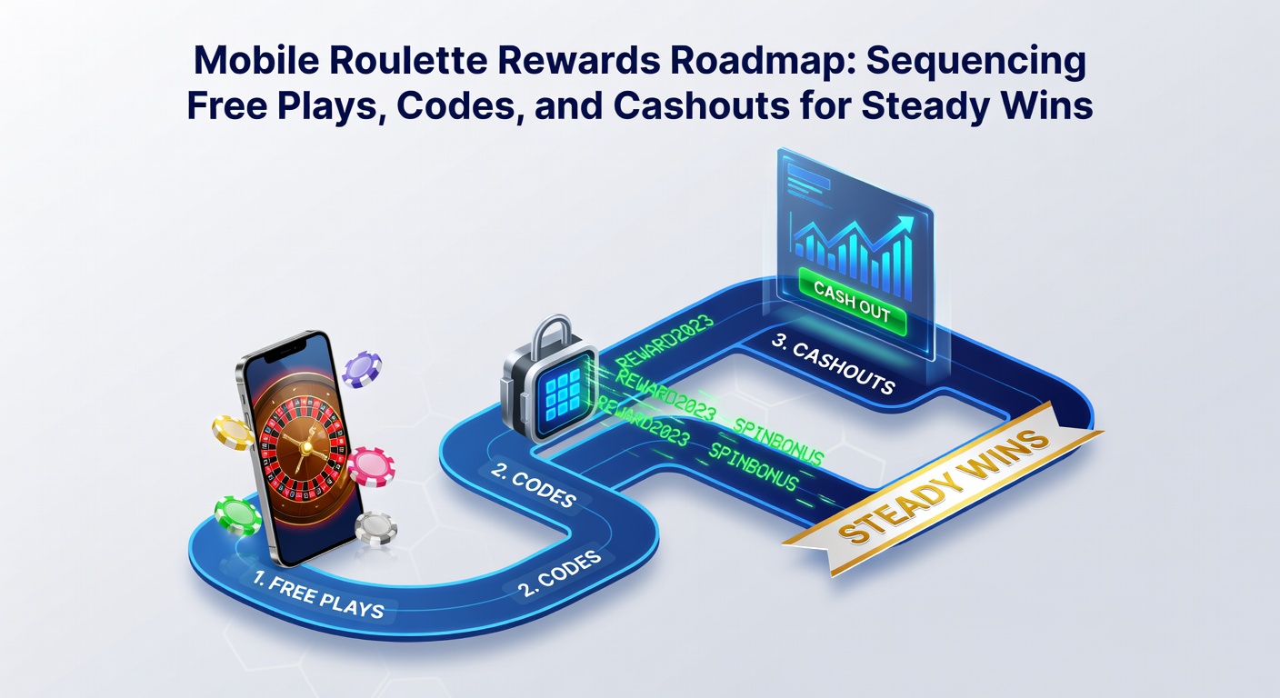 Infographic roadmap showing sequenced steps from free plays to promo codes and cashouts on a mobile roulette app, with icons for spins, codes, and wallet icons