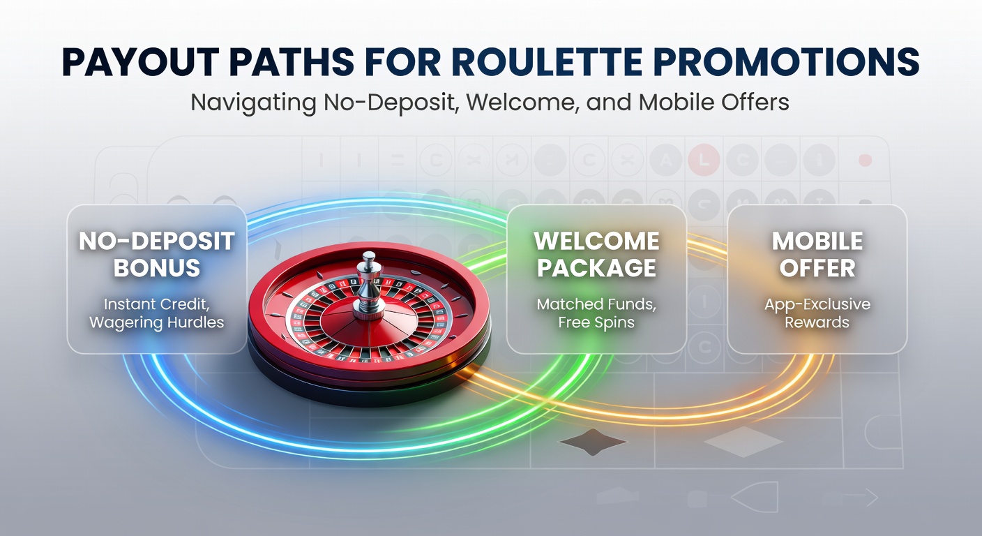Digital graphic illustrating roulette wheel with glowing payout paths branching from bonus icons like no-deposit chips, welcome envelopes, and mobile phones