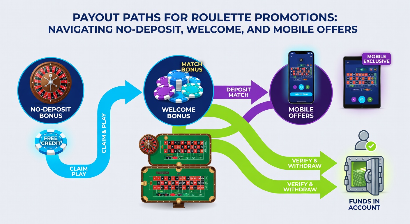 Infographic flowchart showing branching payout paths for roulette bonuses, from no-deposit free plays to welcome deposit matches and mobile app exclusives with wagering milestones