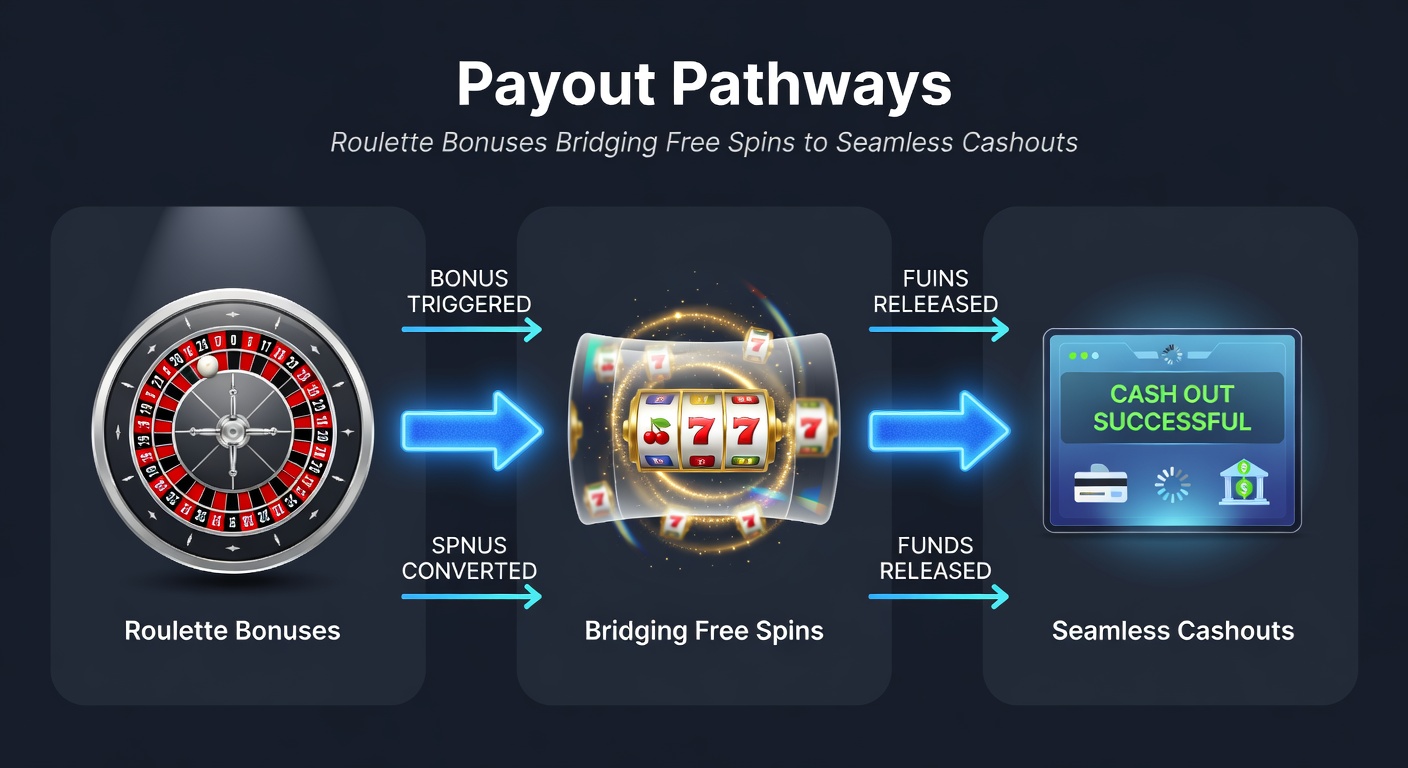 Close-up graphic of a roulette table morphing into a highway signpost directing toward bank icons and speedometers indicating fast payout times, representing efficient bonus-to-cash transitions