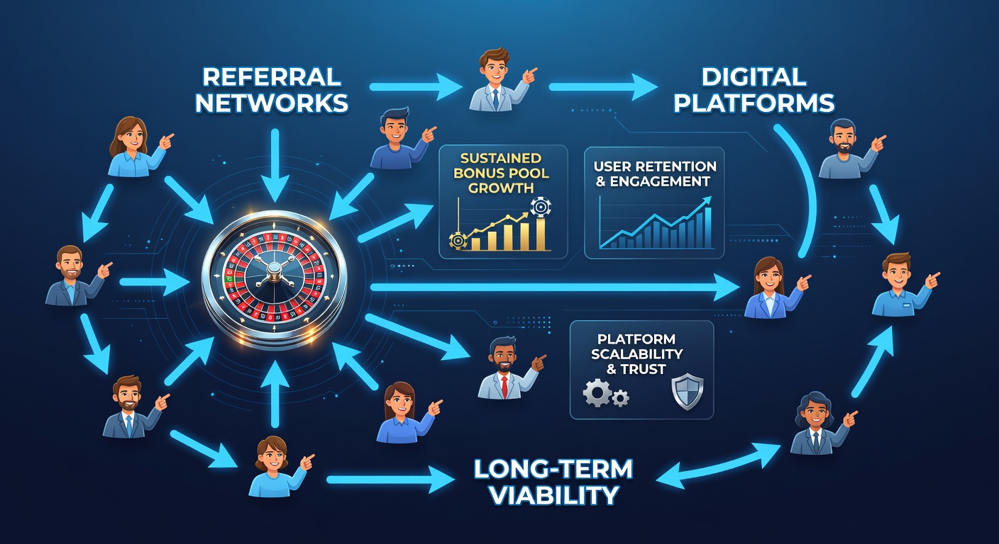 Diagram showing data flows within referral networks that sustain long-term roulette bonus offerings