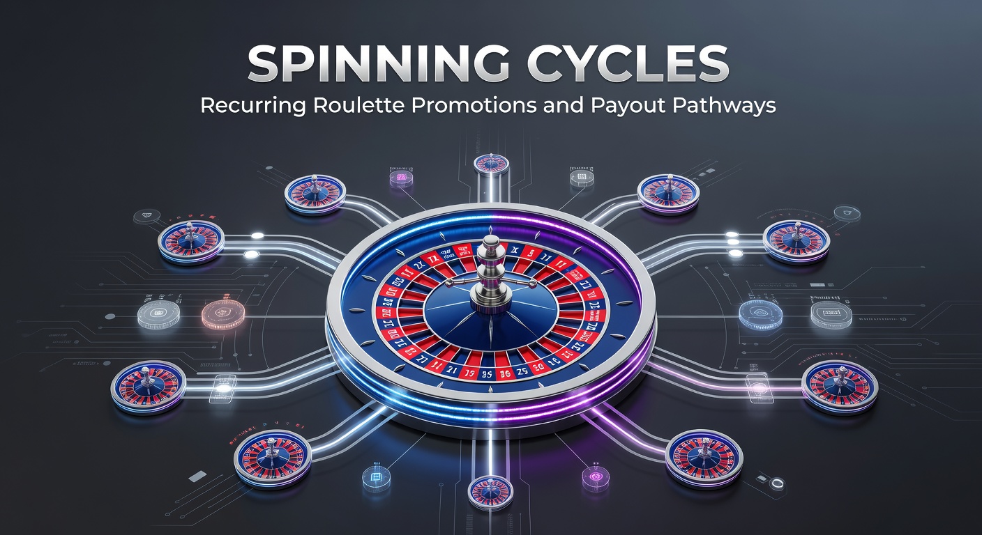 Vibrant roulette wheel spinning amidst colorful promotional banners highlighting recurring bonus cycles and clear payout arrows